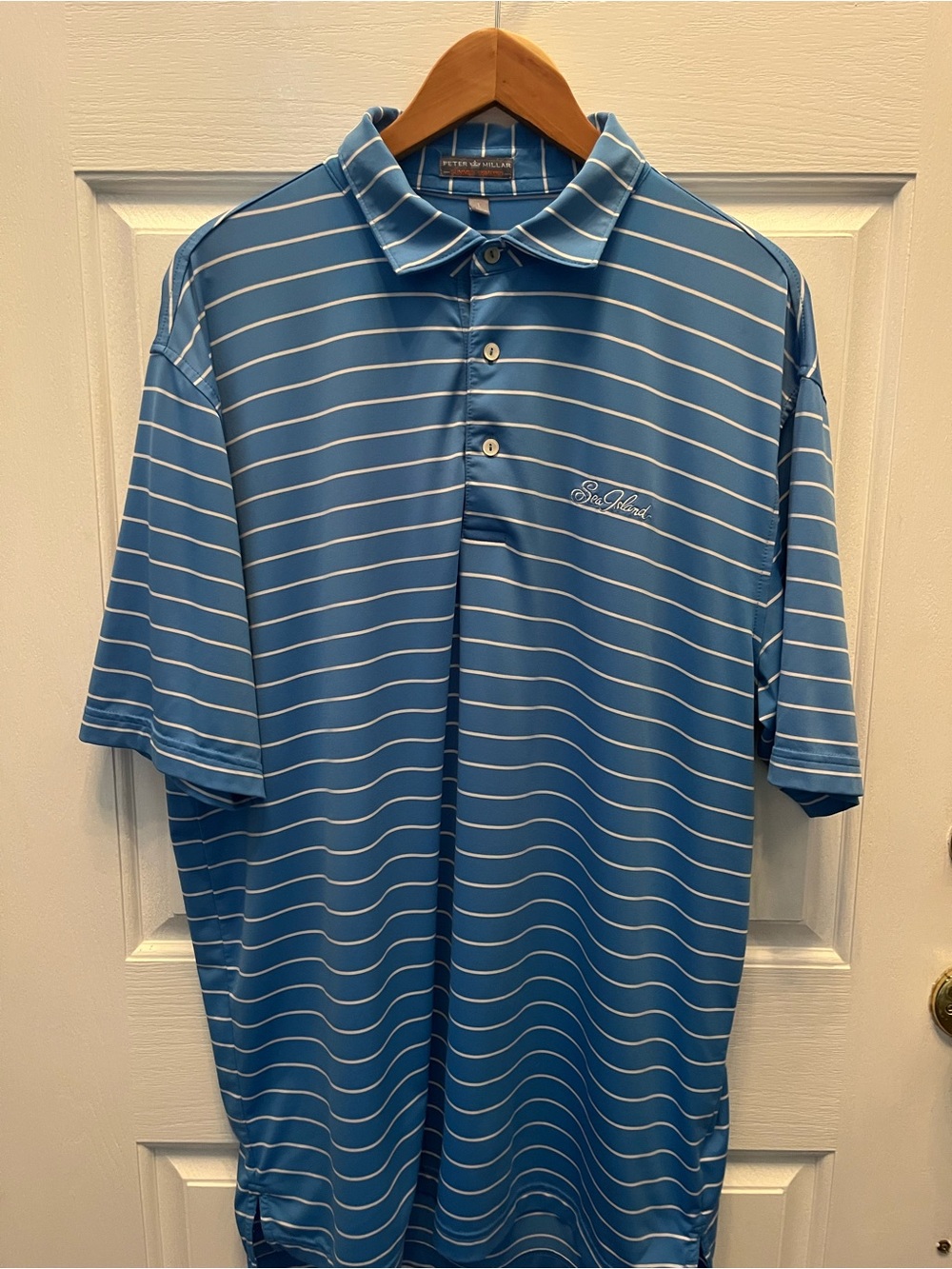 Pre-Owned Peter Millar Light Blue & White Stripe "Sea Island" Polo- Large